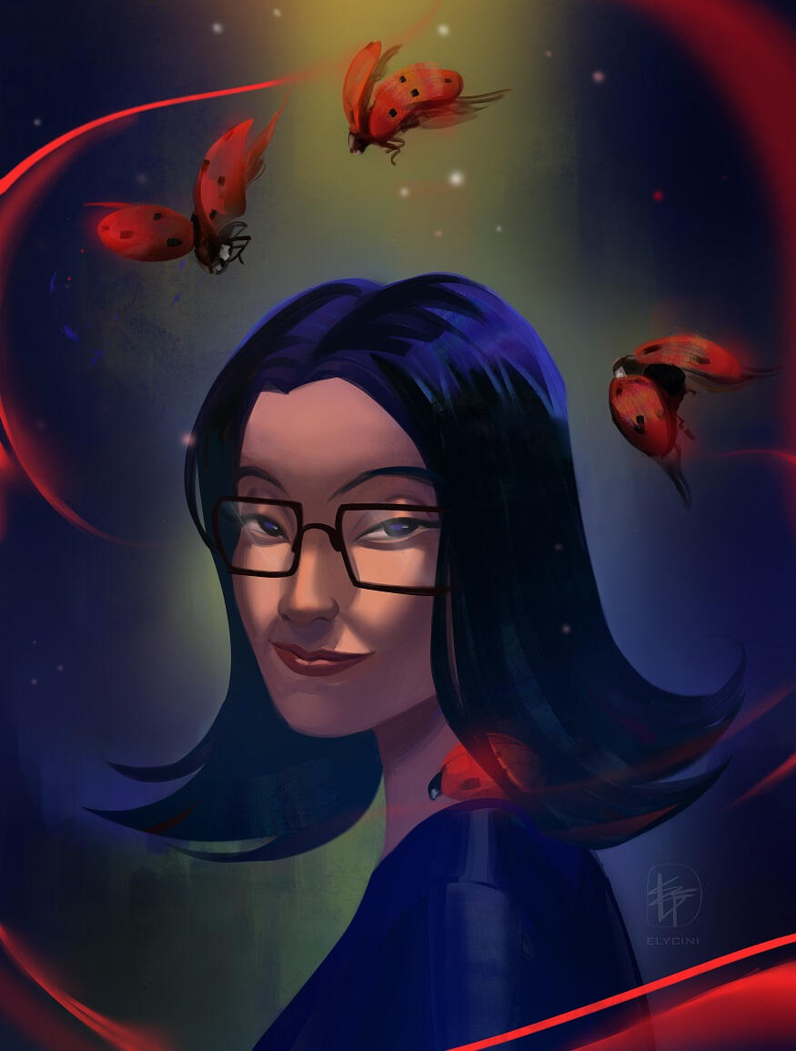 East Asian woman with shoulder-length dark hair, wearing glasses, surrounded by flying ladybugs.